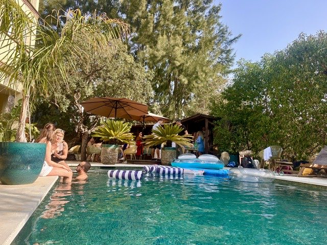 The pool with floats, surrounded by trees
