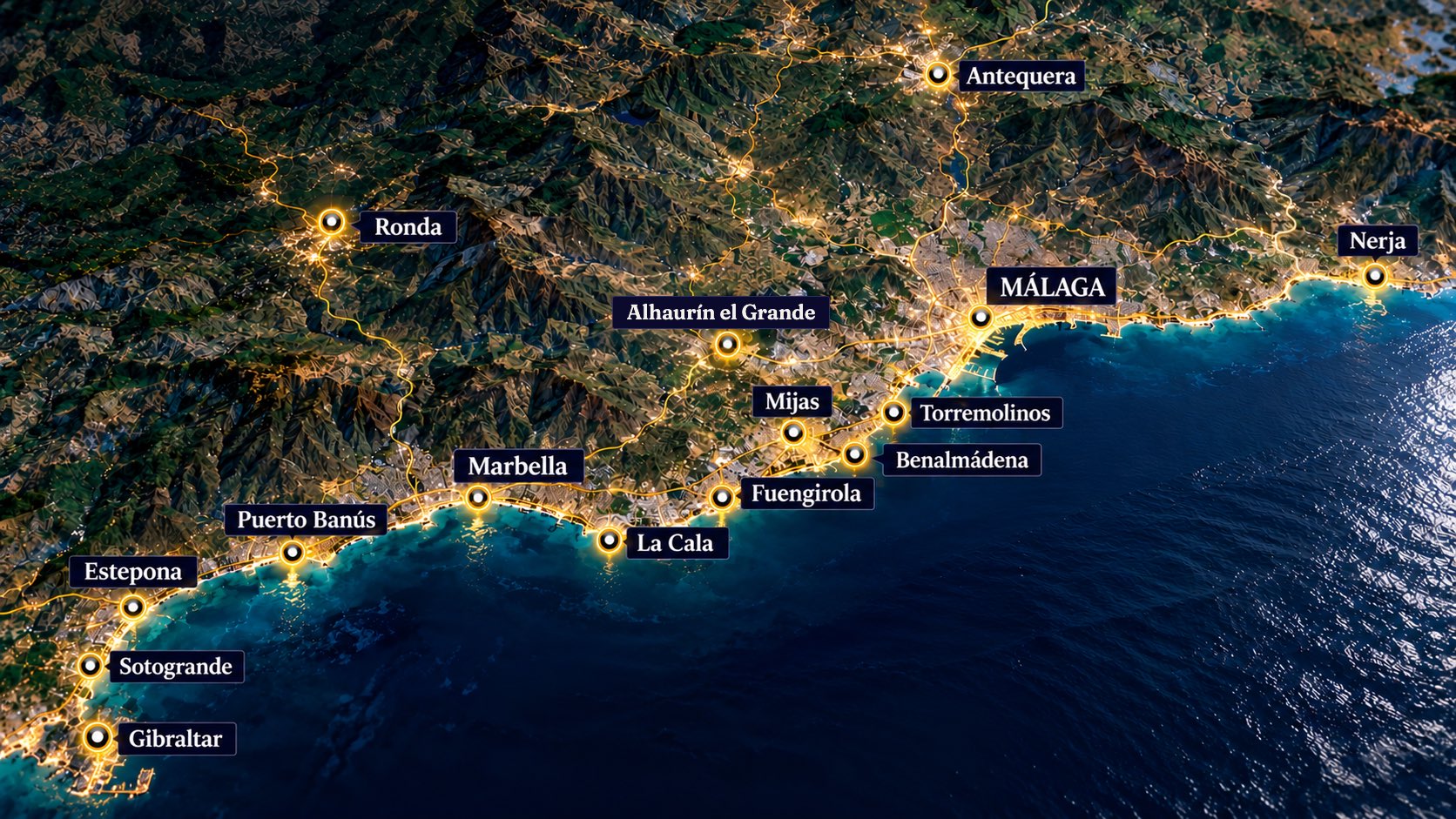 Map of the Costa Del Sol at night, from Gibraltar and Sotogrande to Nerja, with Marbella, Fuengirola and Málaga lit up