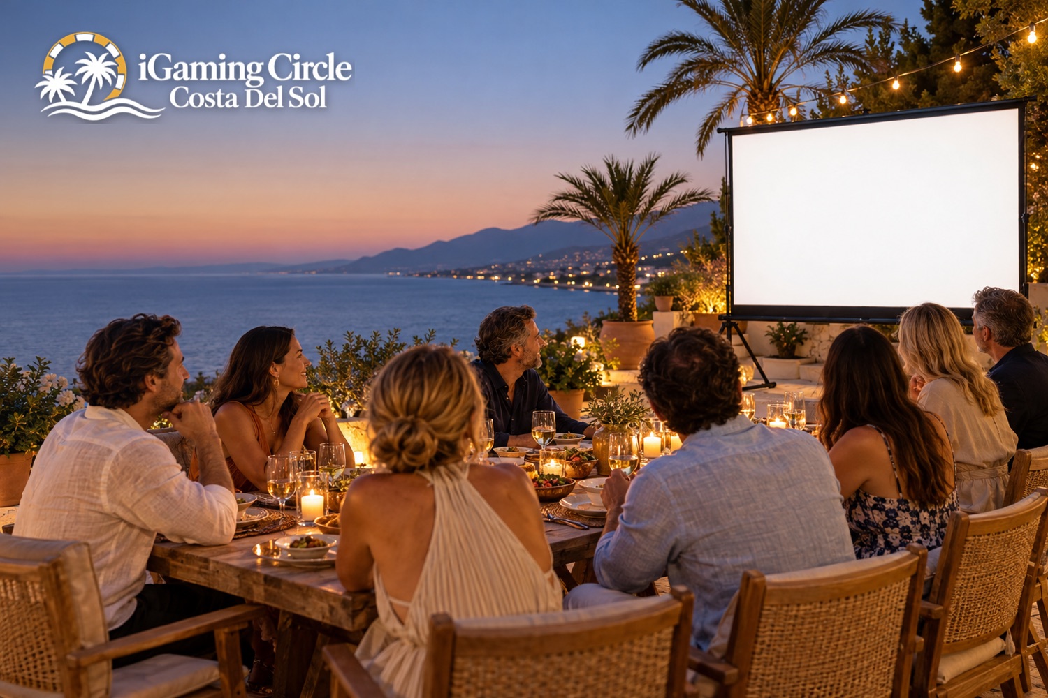 Adultos en una mesa con velas en una terraza junto al mar al atardecer, frente a una pantalla de proyección en blanco.